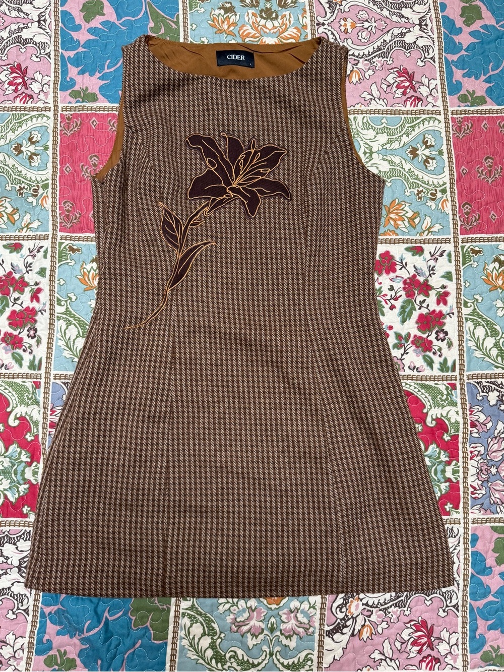 Weighted Mini Dress Cider Brown Houndstooth Floral Sleeveless Shift Sz L